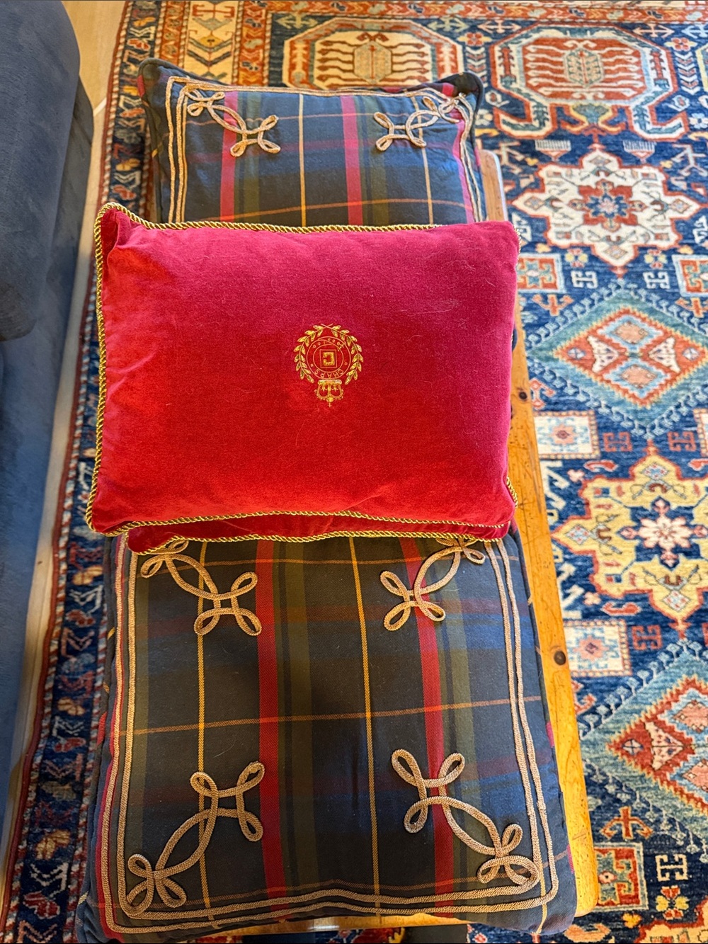 Chaps Red Velvet Pillow with Gold Crest and Trim